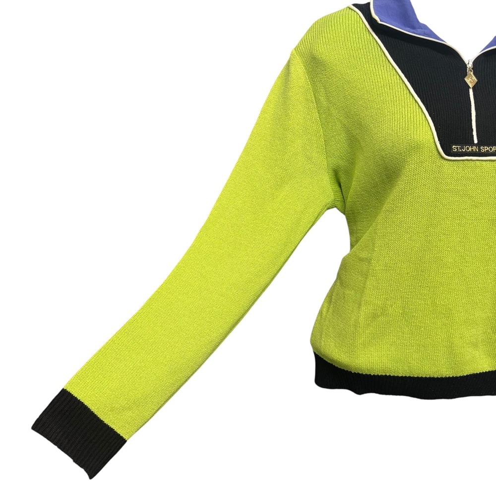 St John Sport Womens Lime Green Quarter Zip Knit Sweater Colorblock Black Purple - Picture 4 of 14
